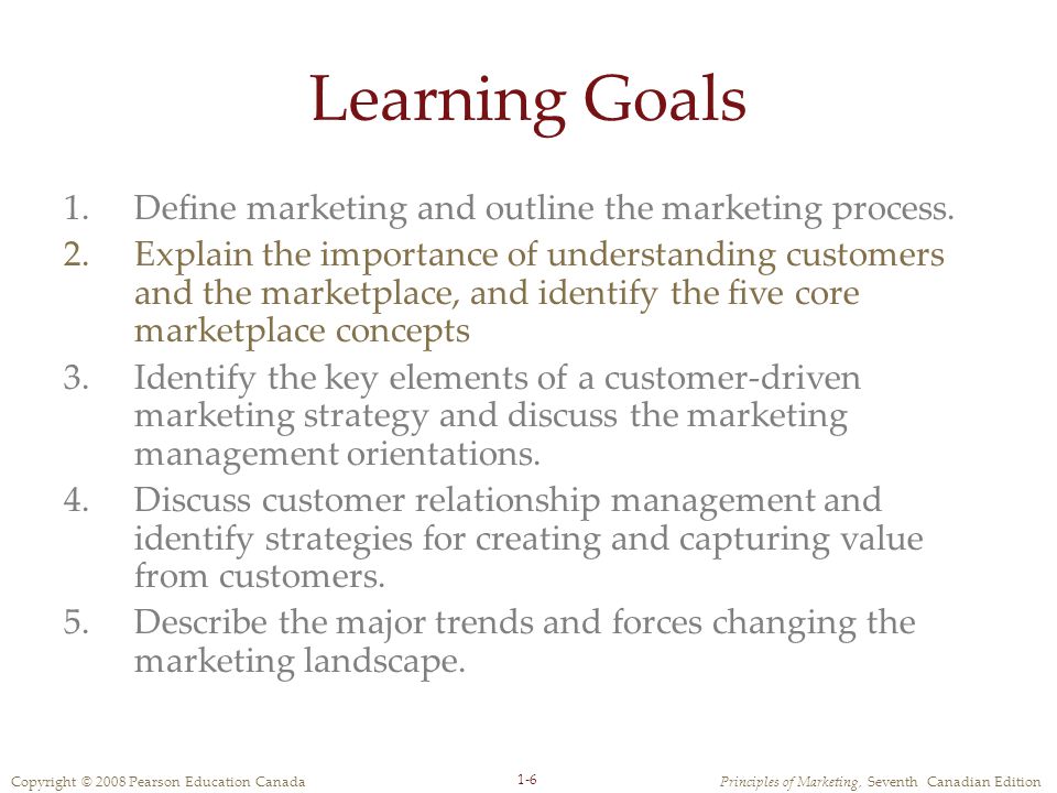 Copyright © 2008 Pearson Education CanadaPrinciples of Marketing, Seventh Canadian Edition 1-6 Learning Goals 1.Define marketing and outline the marketing process.