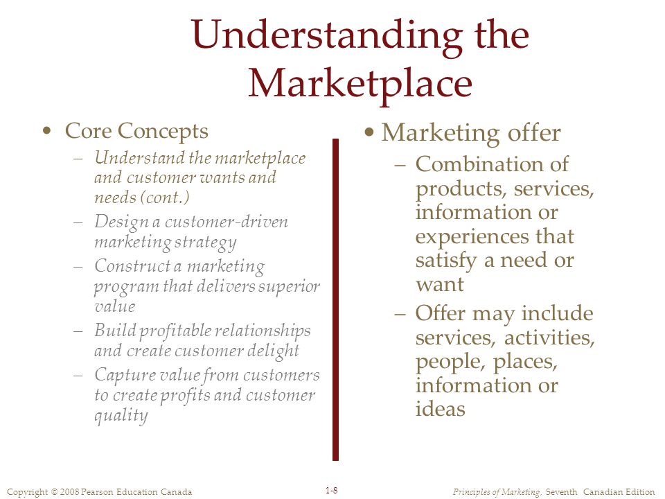 Copyright © 2008 Pearson Education CanadaPrinciples of Marketing, Seventh Canadian Edition 1-8 Understanding the Marketplace Marketing offer –Combination of products, services, information or experiences that satisfy a need or want –Offer may include services, activities, people, places, information or ideas Core Concepts –Understand the marketplace and customer wants and needs (cont.) –Design a customer-driven marketing strategy –Construct a marketing program that delivers superior value –Build profitable relationships and create customer delight –Capture value from customers to create profits and customer quality