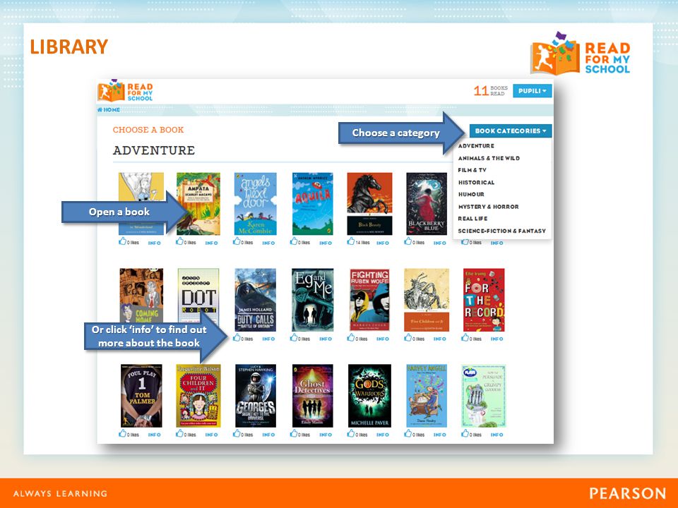 Open a book Choose a category LIBRARY Or click ‘info’ to find out more about the book