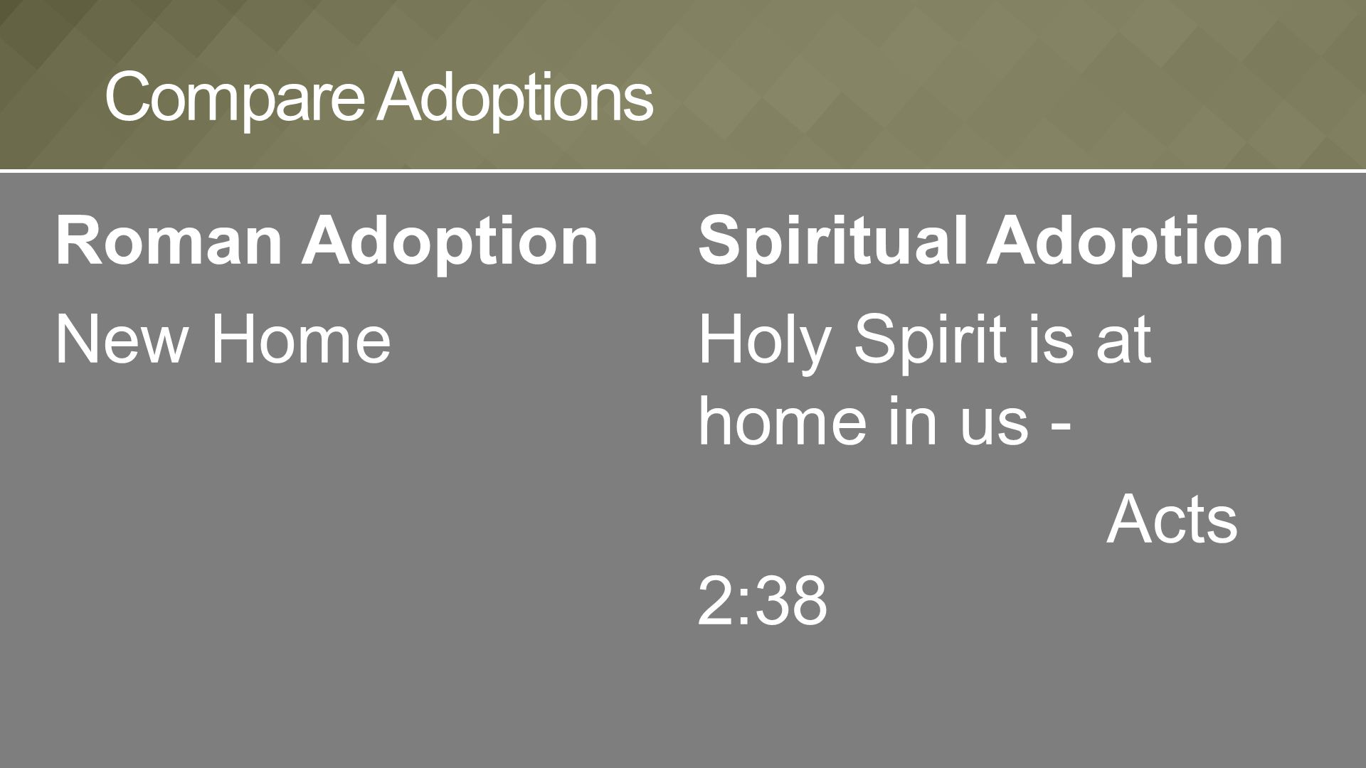 Roman Adoption New Home Compare Adoptions Spiritual Adoption Holy Spirit is at home in us - Acts 2:38