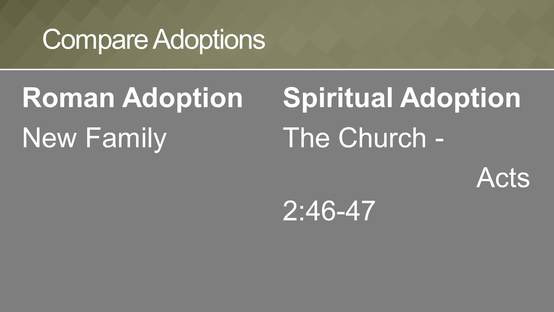 Roman Adoption New Family Compare Adoptions Spiritual Adoption The Church - Acts 2:46-47