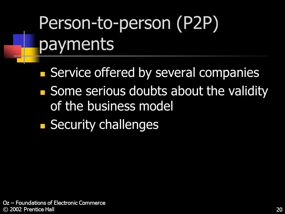 Oz – Foundations of Electronic Commerce © 2002 Prentice Hall20 Person-to-person (P2P) payments Service offered by several companies Some serious doubts about the validity of the business model Security challenges