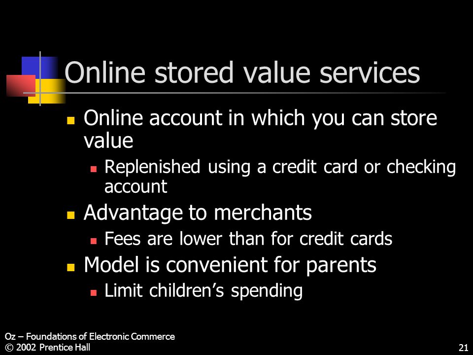 Oz – Foundations of Electronic Commerce © 2002 Prentice Hall21 Online stored value services Online account in which you can store value Replenished using a credit card or checking account Advantage to merchants Fees are lower than for credit cards Model is convenient for parents Limit children’s spending