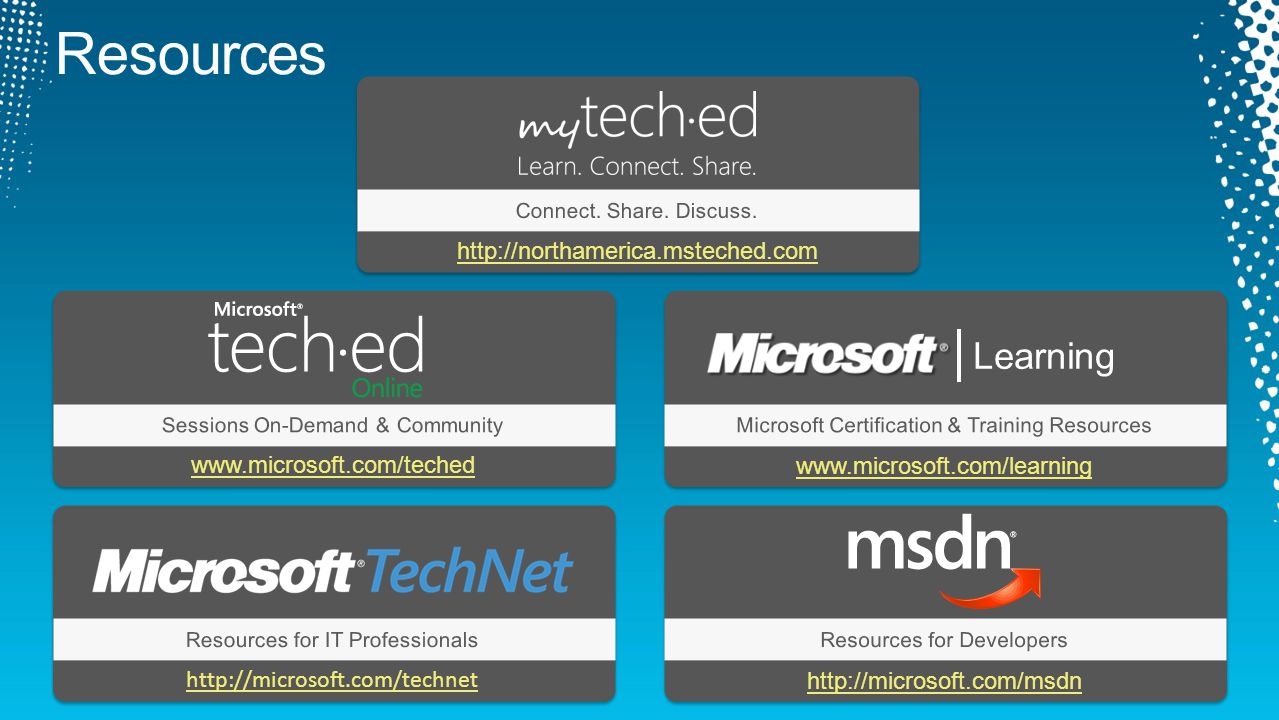 Resources   Sessions On-Demand & CommunityMicrosoft Certification & Training Resources Resources for IT ProfessionalsResources for Developers Connect.
