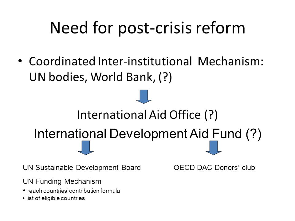 Need for post-crisis reform Coordinated Inter-institutional Mechanism: UN bodies, World Bank, ( ) International Aid Office ( ) International Development Aid Fund ( ) UN Sustainable Development Board UN Funding Mechanism reach countries’ contribution formula list of eligible countries OECD DAC Donors’ club