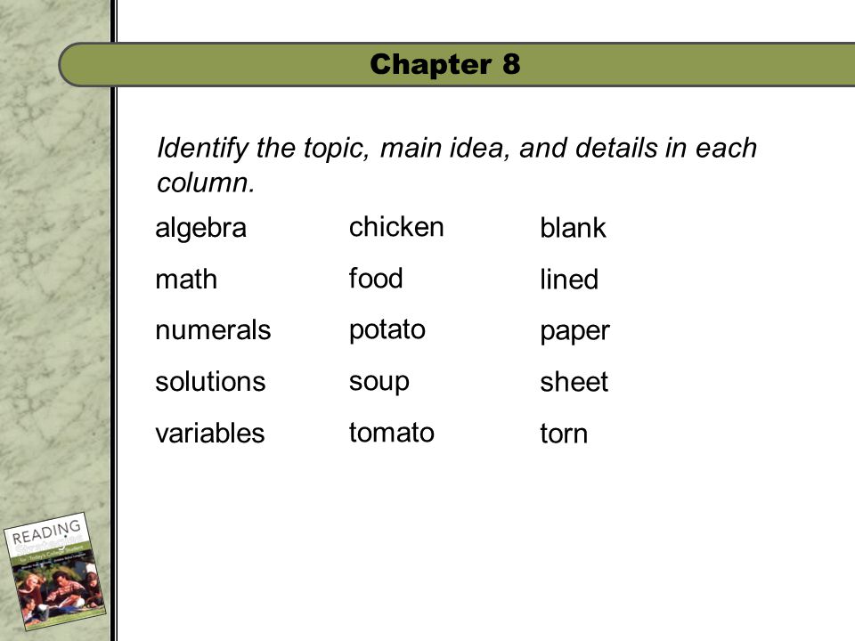 Chapter 8 Identify the topic, main idea, and details in each column.