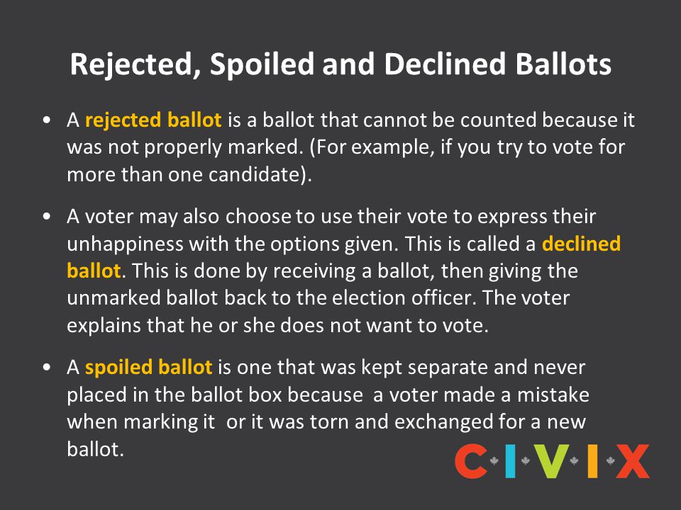 Rejected, Spoiled and Declined Ballots A rejected ballot is a ballot that cannot be counted because it was not properly marked.