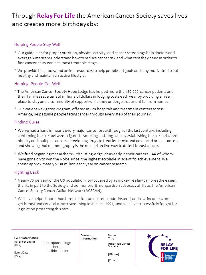 Insert Sponsor Logo Here In Slide Master Event Information Relay For Life Of Xxx Event Date Xxx Contactname Information Title American Cancer Society Ppt Download