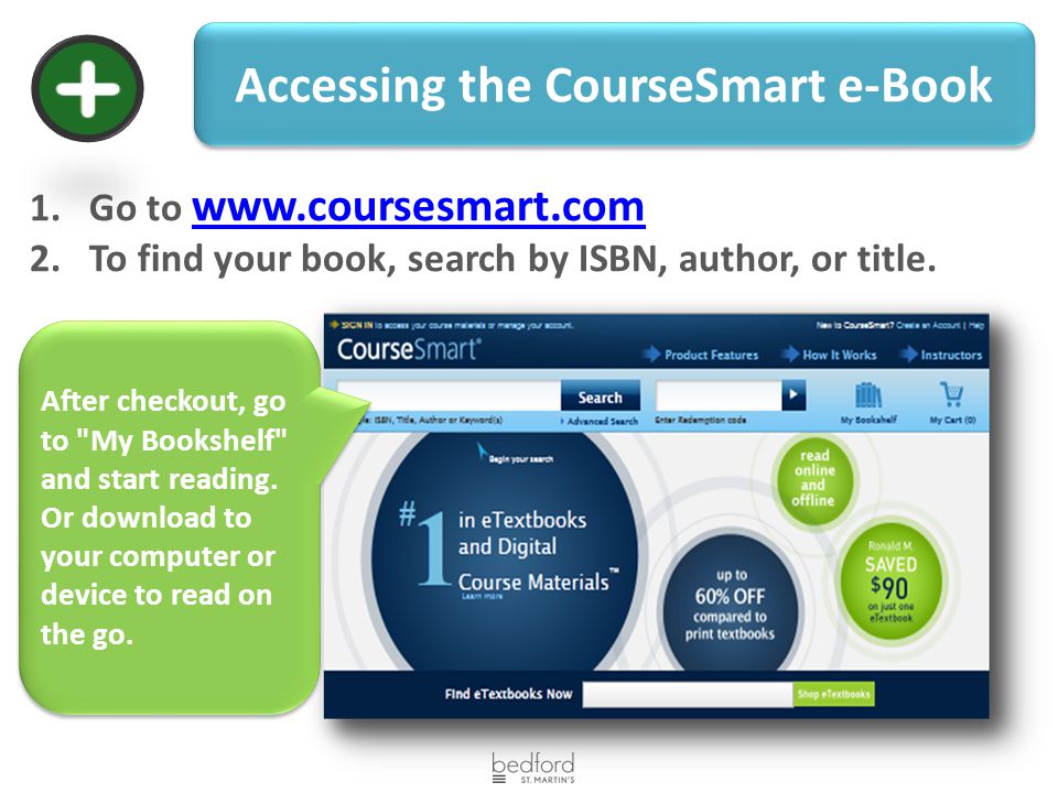 Accessing the CourseSmart e-Book After checkout, go to My Bookshelf and start reading.