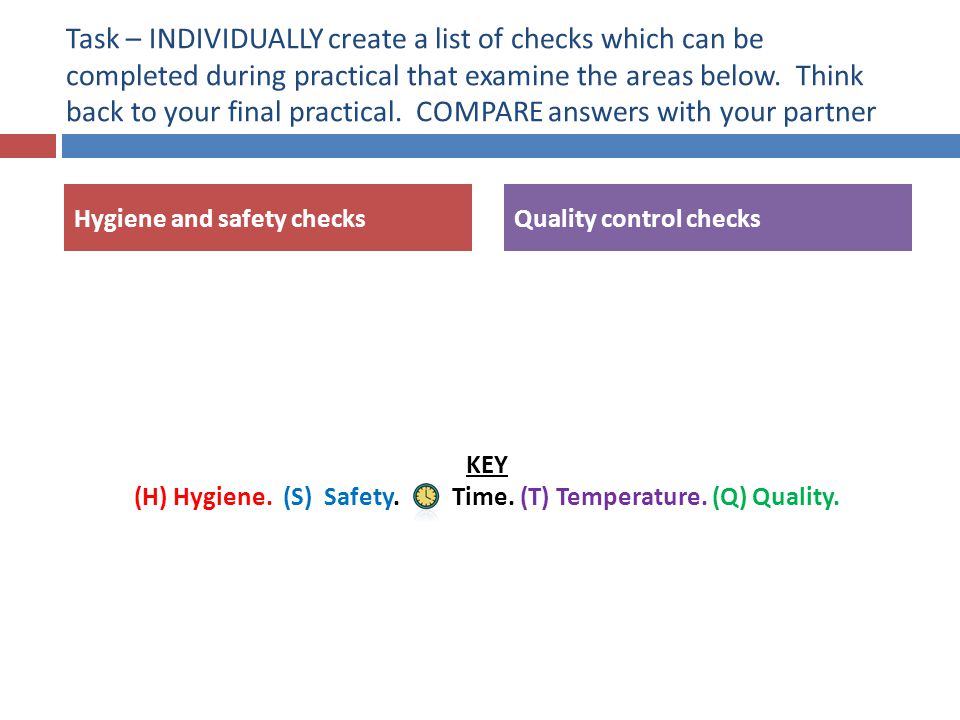 Task – INDIVIDUALLY create a list of checks which can be completed during practical that examine the areas below.
