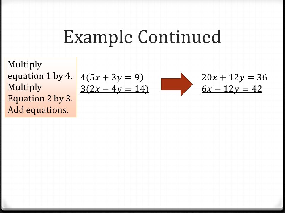 Example Continued Multiply equation 1 by 4. Multiply Equation 2 by 3. Add equations.