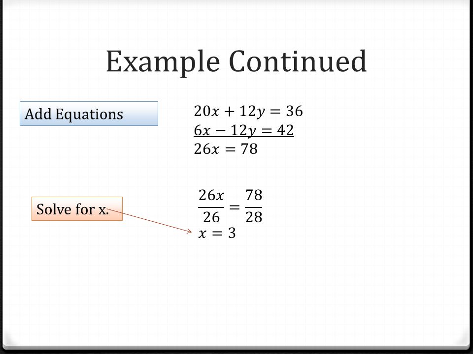 Example Continued Add Equations Solve for x.