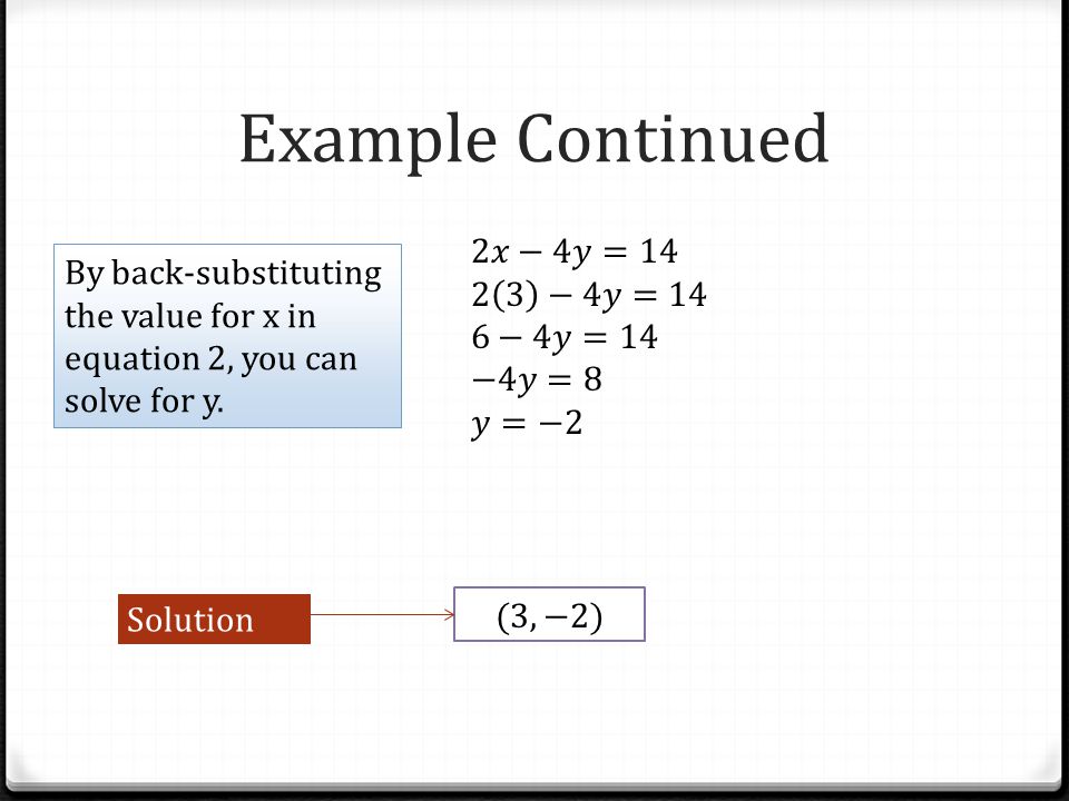 Example Continued By back-substituting the value for x in equation 2, you can solve for y. Solution