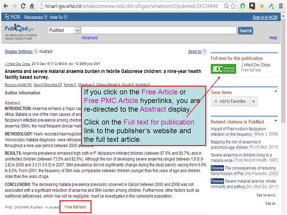 If you click on the Free Article or Free PMC Article hyperlinks, you are re-directed to the Abstract display.