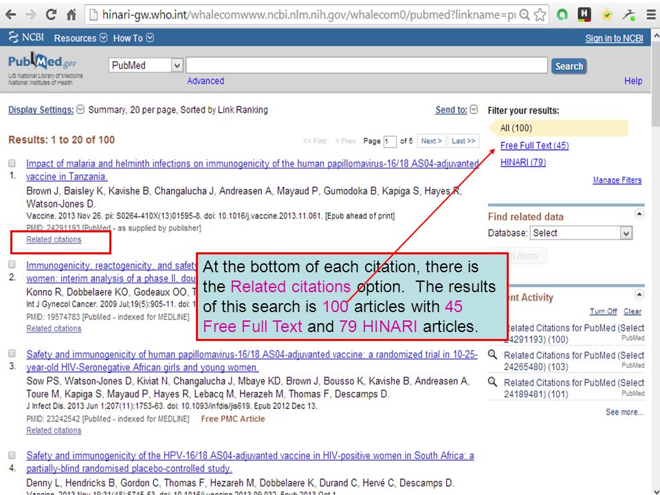 At the bottom of each citation, there is the Related citations option.