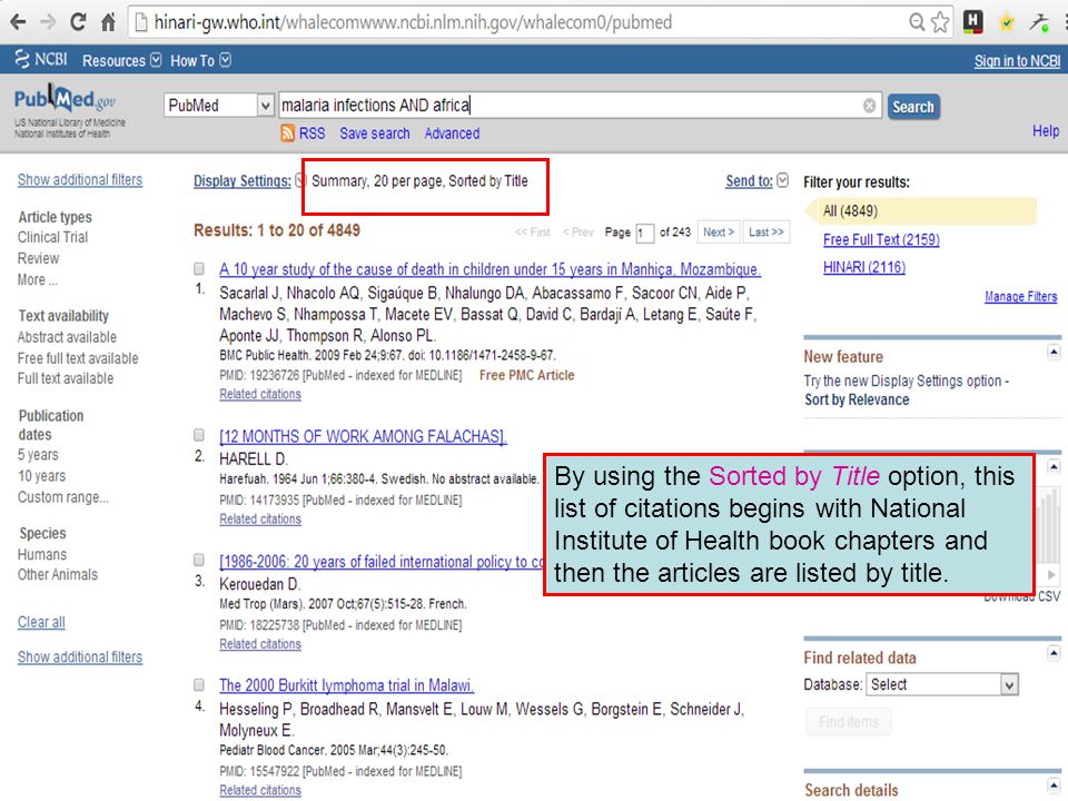 By using the Sorted by Title option, this list of citations begins with National Institute of Health book chapters and then the articles are listed by title.