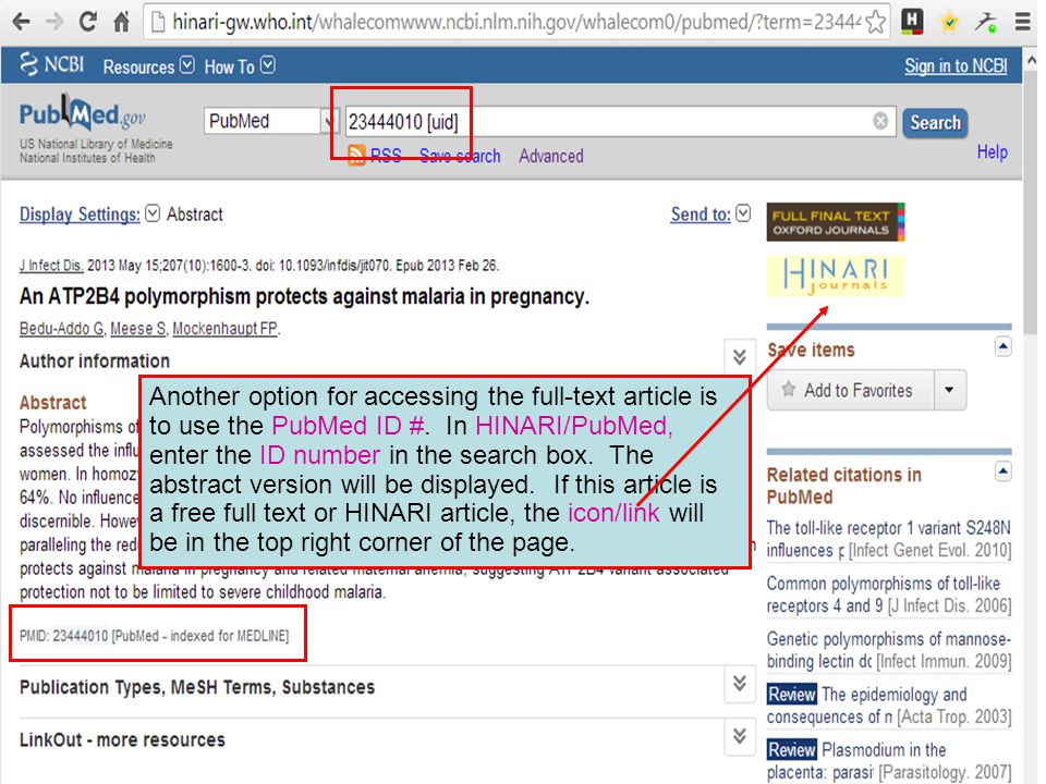 Another option for accessing the full-text article is to use the PubMed ID #.