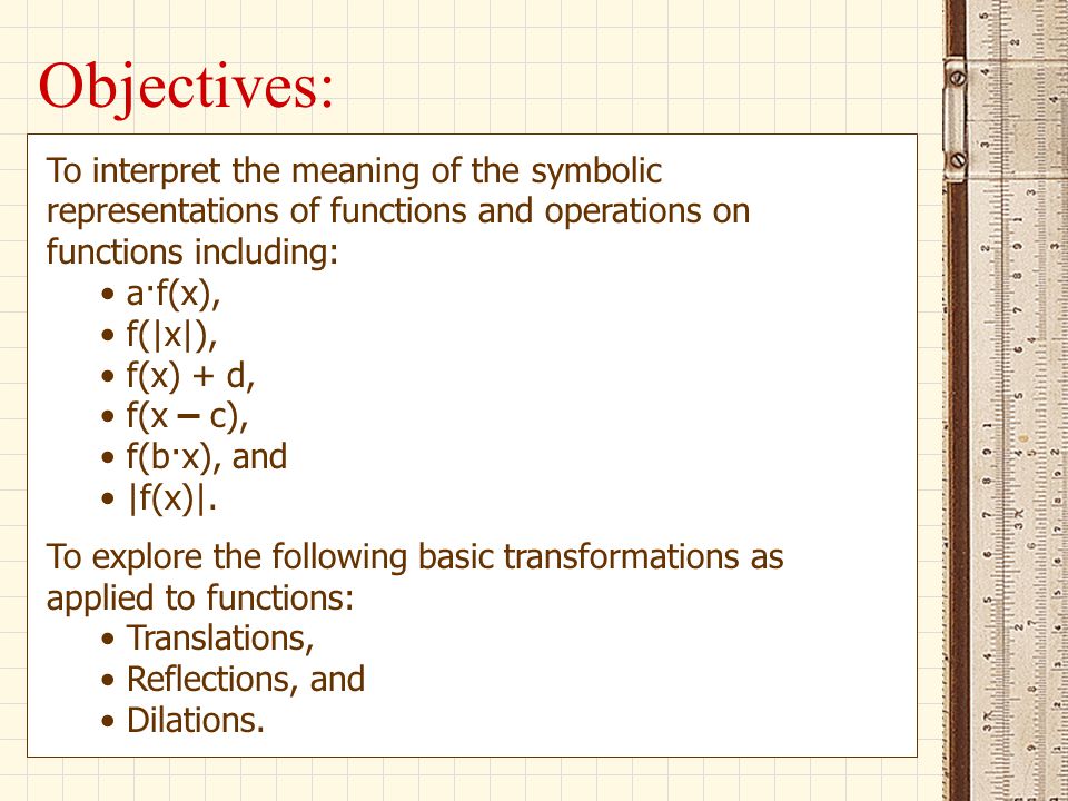 Function Transformations Objectives To Interpret The Meaning Of The Symbolic Representations Of Functions And Operations On Functions Including A F X Ppt Download Function Transformations Objectives To Interpret The Meaning Of The Symbolic Representations Of Functions And Operations On Functions Including A F X Ppt Download