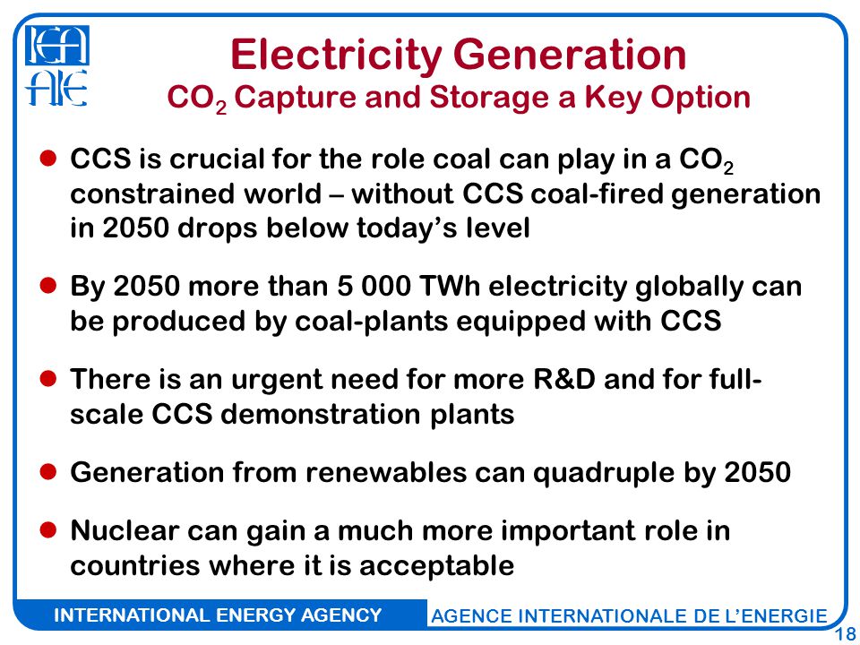 INTERNATIONAL ENERGY AGENCY AGENCE INTERNATIONALE DE L’ENERGIE 18 Electricity Generation CO 2 Capture and Storage a Key Option CCS is crucial for the role coal can play in a CO 2 constrained world – without CCS coal-fired generation in 2050 drops below today’s level By 2050 more than TWh electricity globally can be produced by coal-plants equipped with CCS There is an urgent need for more R&D and for full- scale CCS demonstration plants Generation from renewables can quadruple by 2050 Nuclear can gain a much more important role in countries where it is acceptable