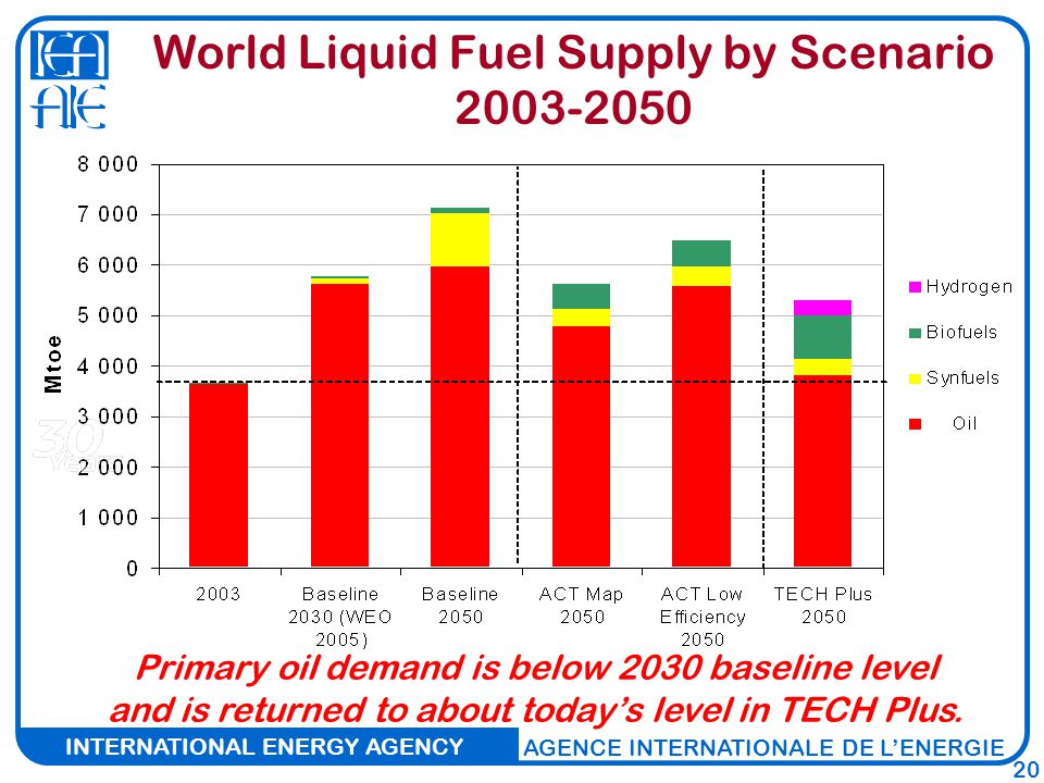INTERNATIONAL ENERGY AGENCY AGENCE INTERNATIONALE DE L’ENERGIE 20 World Liquid Fuel Supply by Scenario Primary oil demand is below 2030 baseline level and is returned to about today’s level in TECH Plus.