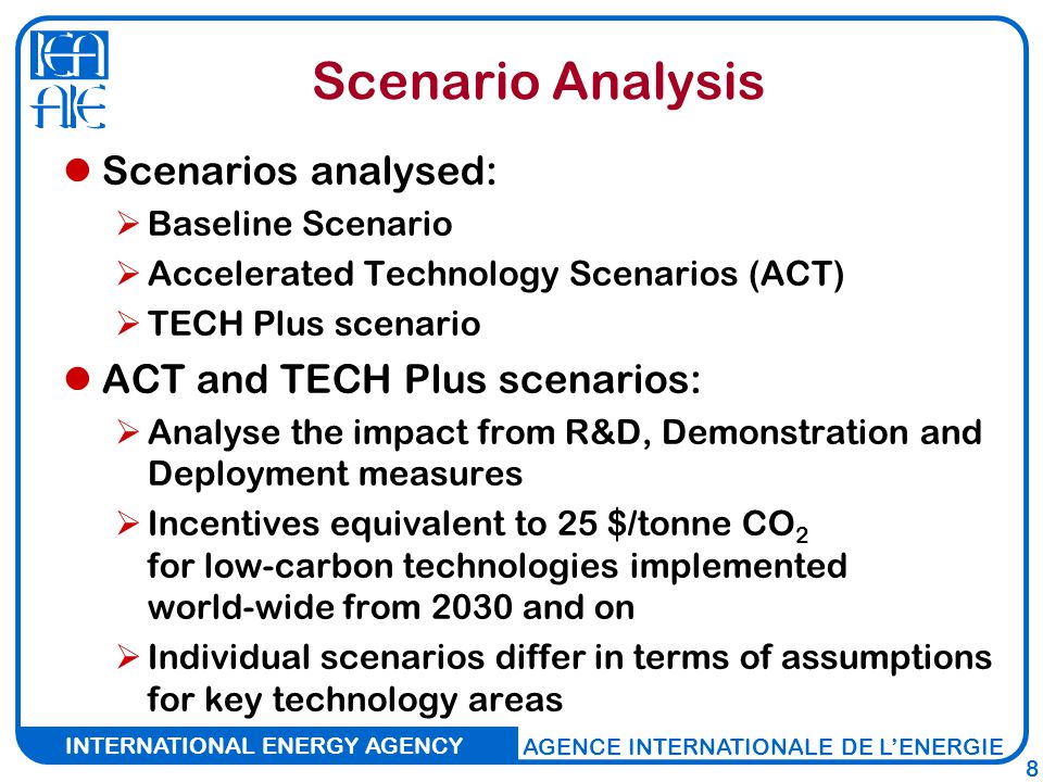 INTERNATIONAL ENERGY AGENCY AGENCE INTERNATIONALE DE L’ENERGIE 8 Scenario Analysis Scenarios analysed:  Baseline Scenario  Accelerated Technology Scenarios (ACT)  TECH Plus scenario ACT and TECH Plus scenarios:  Analyse the impact from R&D, Demonstration and Deployment measures  Incentives equivalent to 25 $/tonne CO 2 for low-carbon technologies implemented world-wide from 2030 and on  Individual scenarios differ in terms of assumptions for key technology areas