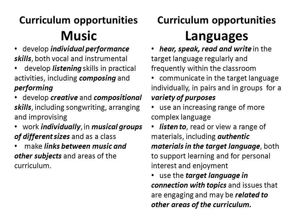 Curriculum opportunities Music develop individual performance skills, both vocal and instrumental develop listening skills in practical activities, including composing and performing develop creative and compositional skills, including songwriting, arranging and improvising work individually, in musical groups of different sizes and as a class make links between music and other subjects and areas of the curriculum.