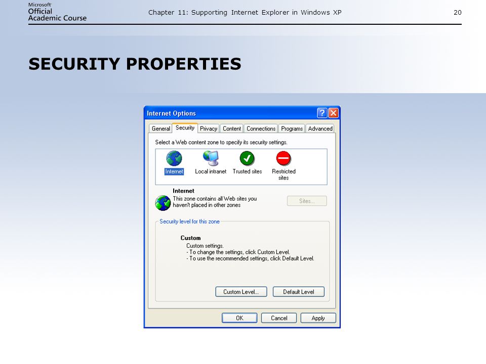 Chapter 11: Supporting Internet Explorer in Windows XP20 SECURITY PROPERTIES