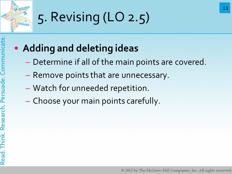 11 5. Revising (LO 2.5) Adding and deleting ideas –Determine if all of the main points are covered.