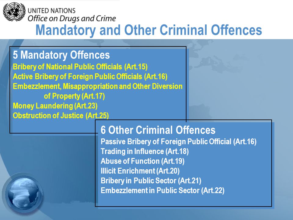 Mandatory and Other Criminal Offences 5 Mandatory Offences Bribery of National Public Officials (Art.15) Active Bribery of Foreign Public Officials (Art.16) Embezzlement, Misappropriation and Other Diversion of Property (Art.17) Money Laundering (Art.23) Obstruction of Justice (Art.25) 6 Other Criminal Offences Passive Bribery of Foreign Public Official (Art.16) Trading in Influence (Art.18) Abuse of Function (Art.19) Illicit Enrichment (Art.20) Bribery in Public Sector (Art.21) Embezzlement in Public Sector (Art.22)
