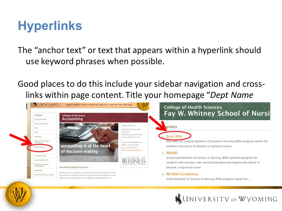 Hyperlinks The anchor text or text that appears within a hyperlink should use keyword phrases when possible.