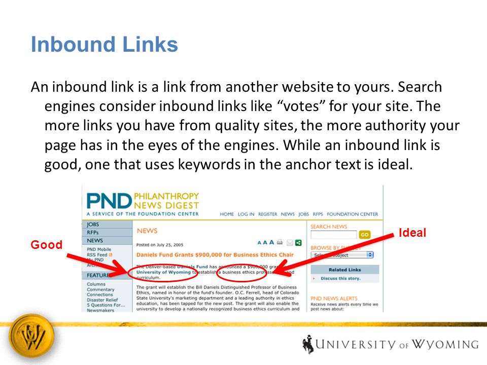 Inbound Links An inbound link is a link from another website to yours.