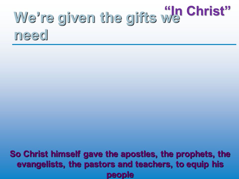 In Christ We’re given the gifts we need So Christ himself gave the apostles, the prophets, the evangelists, the pastors and teachers, to equip his people