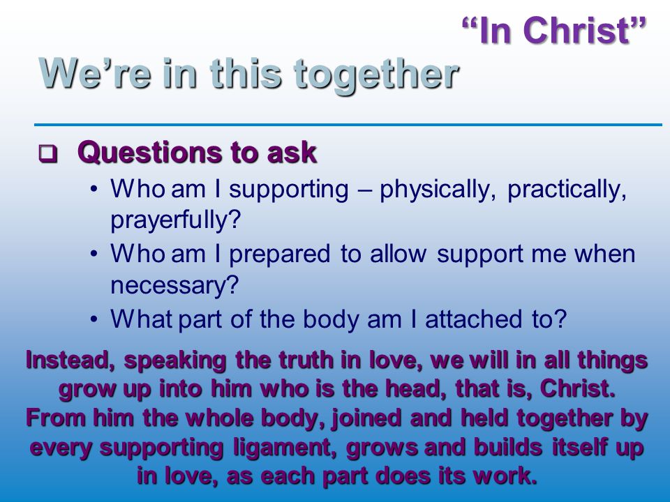 In Christ We’re in this together  Questions to ask Who am I supporting – physically, practically, prayerfully.