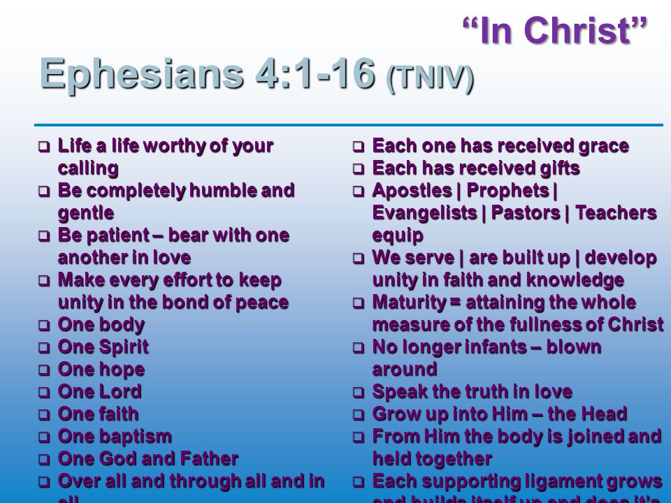 In Christ Ephesians 4:1-16 (TNIV)  Life a life worthy of your calling  Be completely humble and gentle  Be patient – bear with one another in love  Make every effort to keep unity in the bond of peace  One body  One Spirit  One hope  One Lord  One faith  One baptism  One God and Father  Over all and through all and in all  Each one has received grace  Each has received gifts  Apostles | Prophets | Evangelists | Pastors | Teachers equip  We serve | are built up | develop unity in faith and knowledge  Maturity = attaining the whole measure of the fullness of Christ  No longer infants – blown around  Speak the truth in love  Grow up into Him – the Head  From Him the body is joined and held together  Each supporting ligament grows and builds itself up and does it’s work
