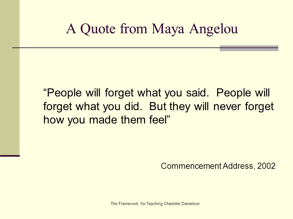 The Framework for Teaching Charlotte Danielson A Quote from Maya Angelou People will forget what you said.