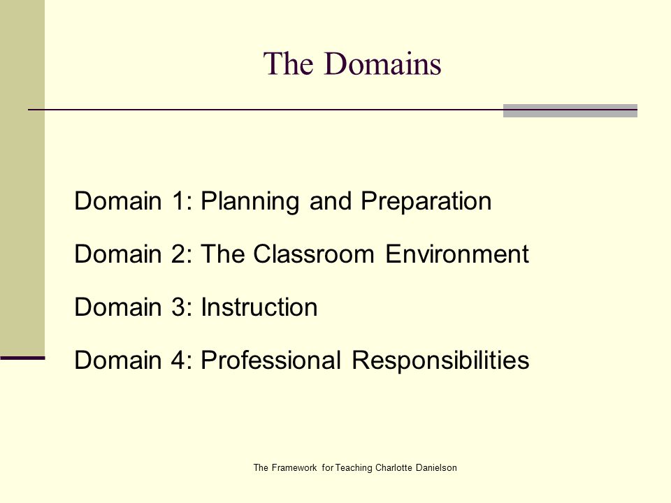 The Framework for Teaching Charlotte Danielson The Domains Domain 1: Planning and Preparation Domain 2: The Classroom Environment Domain 3: Instruction Domain 4: Professional Responsibilities