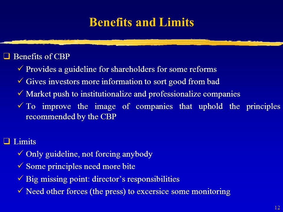 12 Benefits and Limits  Benefits of CBP Provides a guideline for shareholders for some reforms Gives investors more information to sort good from bad Market push to institutionalize and professionalize companies To improve the image of companies that uphold the principles recommended by the CBP  Limits Only guideline, not forcing anybody Some principles need more bite Big missing point: director’s responsibilities Need other forces (the press) to excersice some monitoring