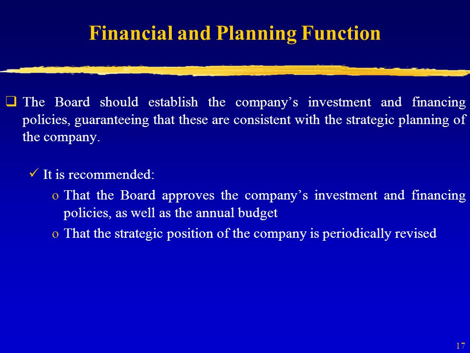 17 Financial and Planning Function  The Board should establish the company’s investment and financing policies, guaranteeing that these are consistent with the strategic planning of the company.