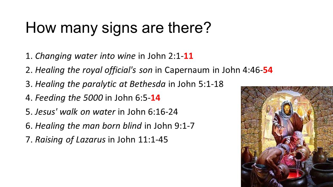 How many signs are there. 1. Changing water into wine in John 2: