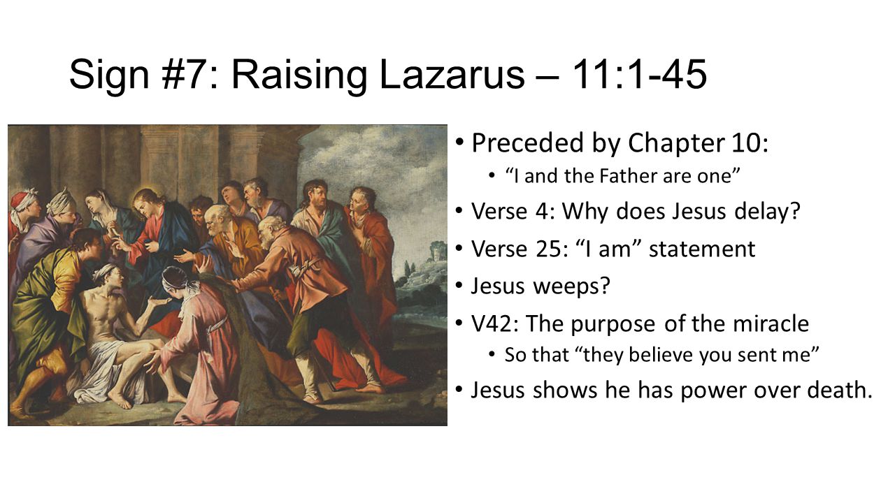 Sign #7: Raising Lazarus – 11:1-45 Preceded by Chapter 10: I and the Father are one Verse 4: Why does Jesus delay.