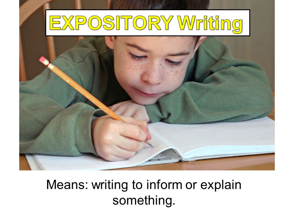 Expository Writing Means: writing to inform or explain something.
