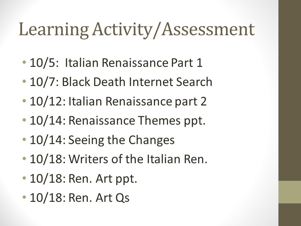 Learning Activity/Assessment 10/5: Italian Renaissance Part 1 10/7: Black Death Internet Search 10/12: Italian Renaissance part 2 10/14: Renaissance Themes ppt.