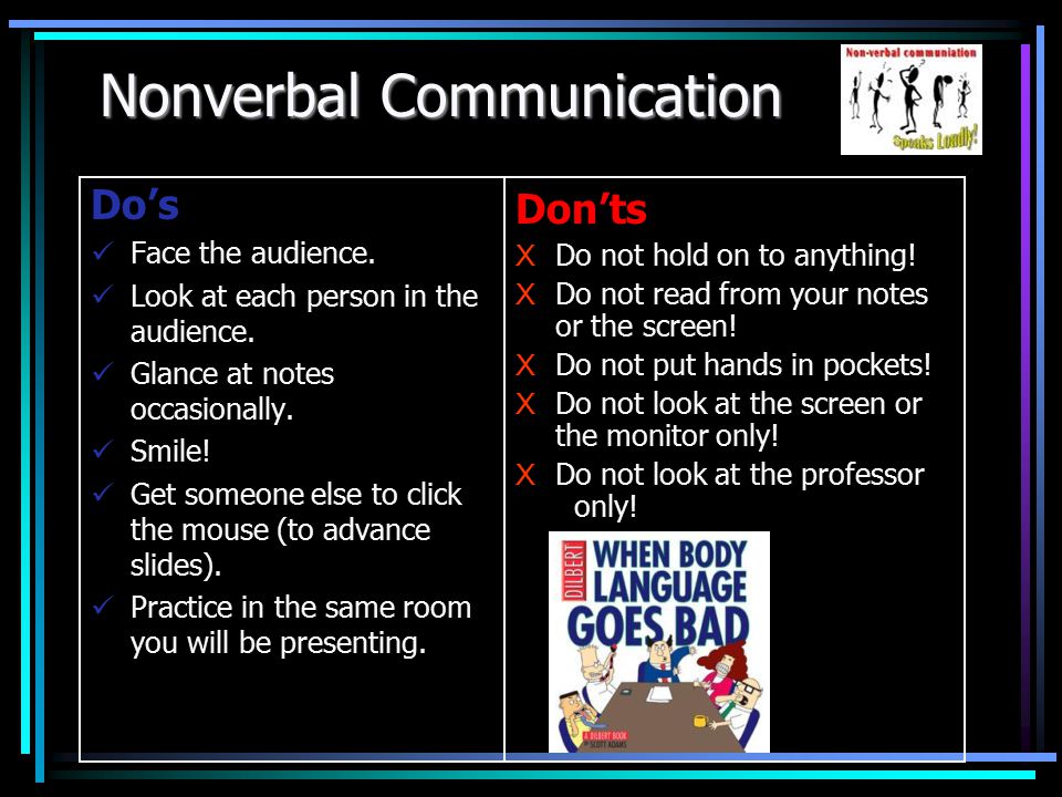 Nonverbal Communication Do’s Face the audience. Look at each person in the audience.