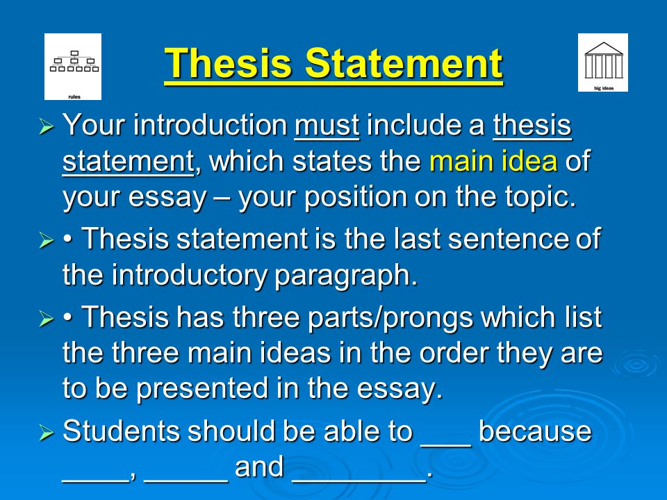 Thesis Statement  Your introduction must include a thesis statement, which states the main idea of your essay – your position on the topic.