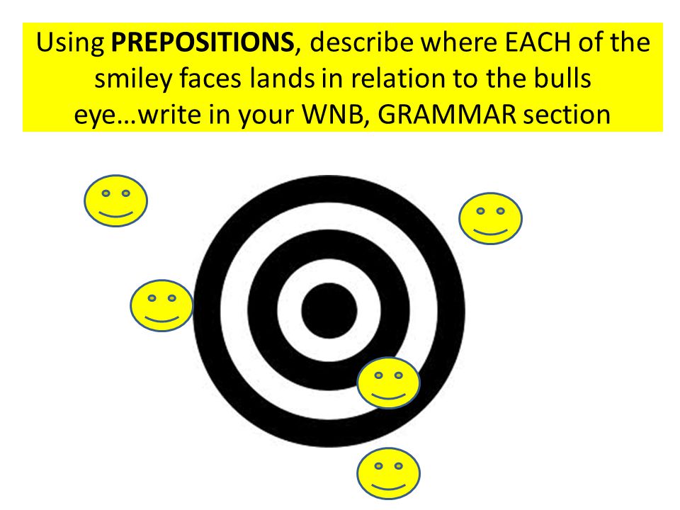 Using PREPOSITIONS, describe where EACH of the smiley faces lands in relation to the bulls eye…write in your WNB, GRAMMAR section