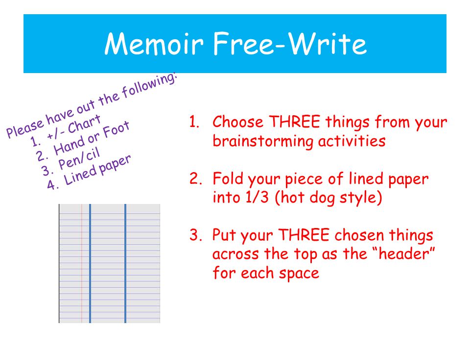 Memoir Free-Write Please have out the following: 1.