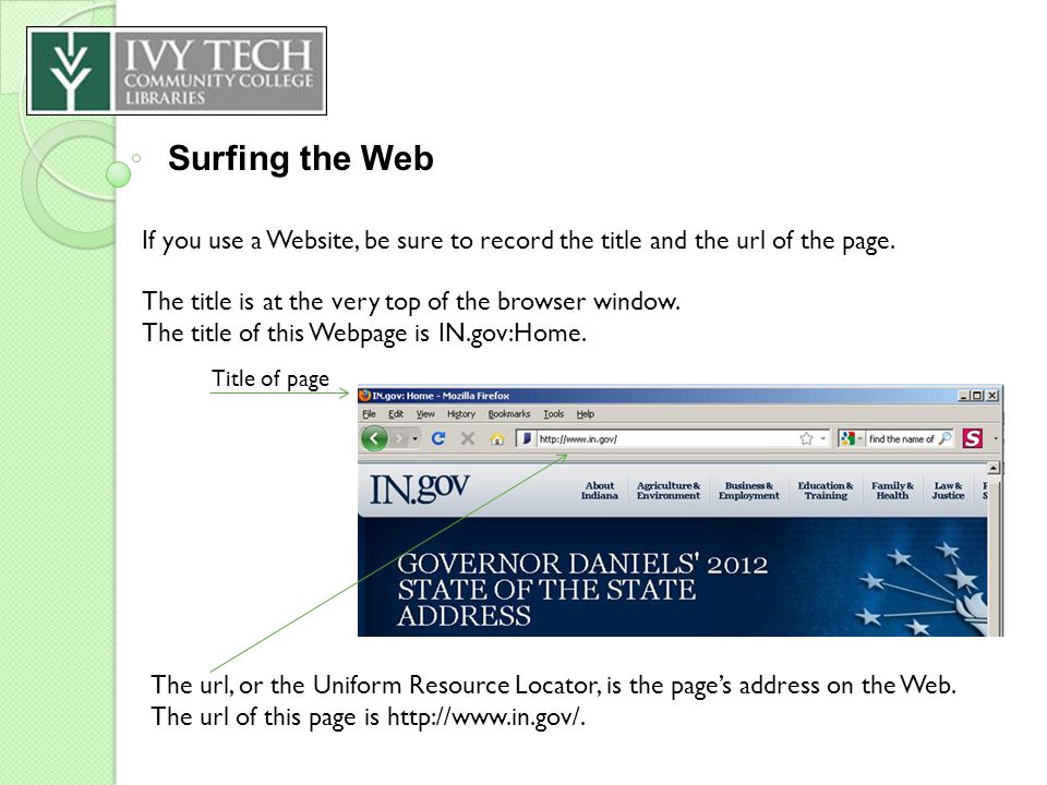 Title of page Surfing the Web If you use a Website, be sure to record the title and the url of the page.