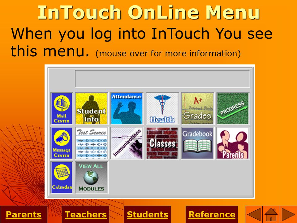 InTouch OnLine Menu ParentsTeachersStudentsReference When you log into InTouch You see this menu.