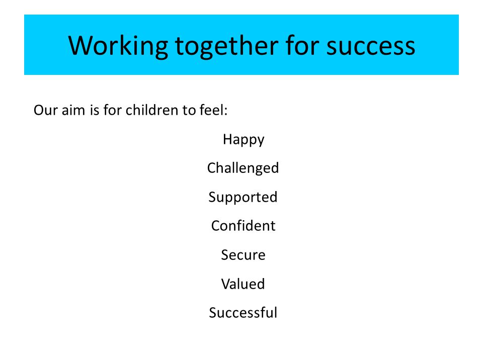 Working together for success Our aim is for children to feel: Happy Challenged Supported Confident Secure Valued Successful