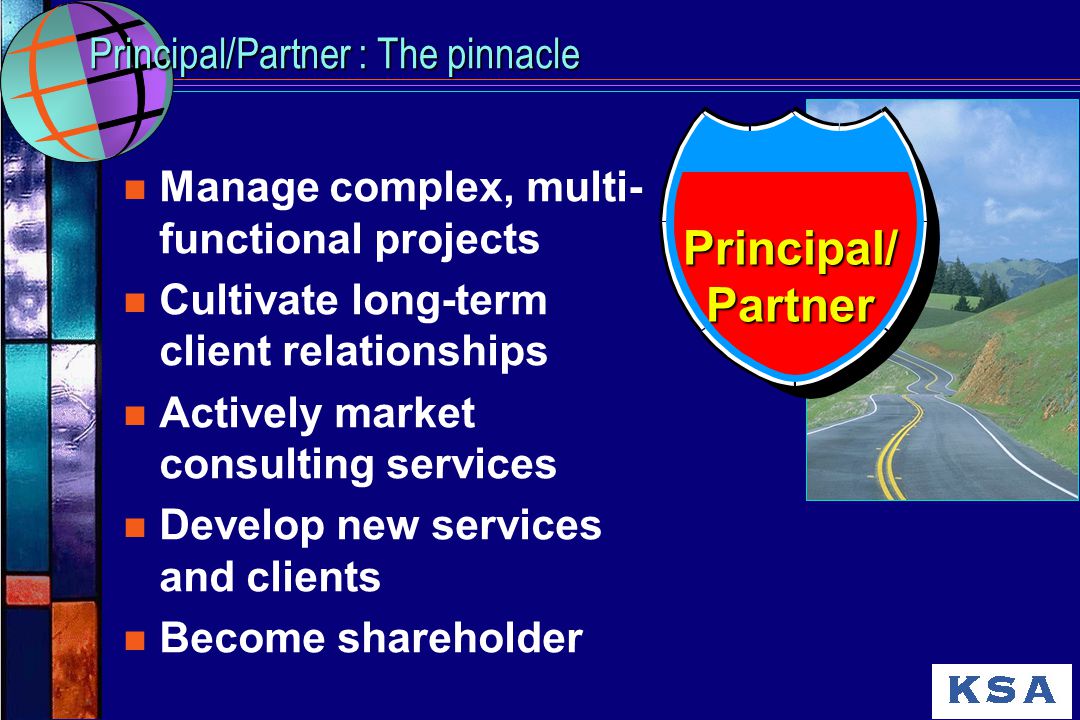 Principal/Partner : The pinnacle n Manage complex, multi- functional projects n Cultivate long-term client relationships n Actively market consulting services n Develop new services and clients n Become shareholder Principal/Partner